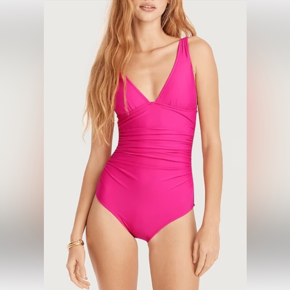 J.Crew Swim Ruched V-Neck One-Piece Swimsuit Hot Pink Size 12 NWT